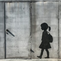 Black silhouette of a girl with a school backpack drawn on a concrete wall