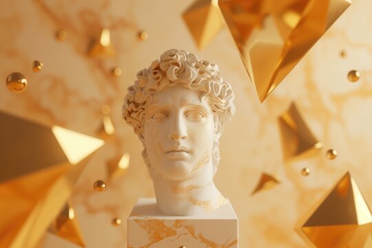 golden pyramids, cuboids and geometric shapes surrounding a greek head plinth statue, on neutral beige background