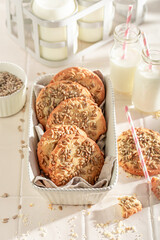 Crunchy sunflower seed cookies served with fresh milk..