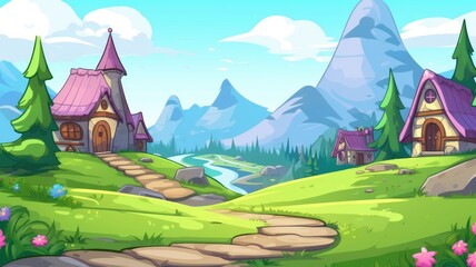 Naklejka premium cartoon illustration landscape featuring mountains, a lake, greenery, and a stone path leading to small houses