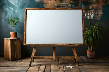 Innovative workspace whiteboard for markers on a wooden floor background