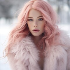 Winter Beauty: Woman with Pink Hair and Fur Coat