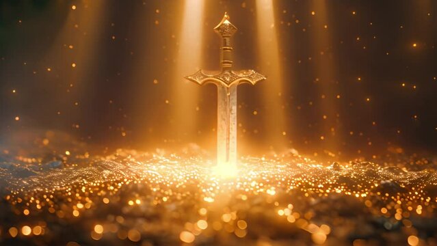 Magical metal sword in the ground with sparks. mysterious and magical photo of silver sword with fire flames over Gothic snowy black background. Medieval period concept. Strong glowing sword fantasy 