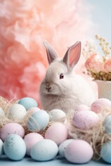 Easter rabbit and colorful easter eggs on blurred pink background with bokeh.