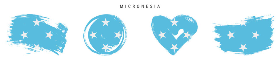 Micronesia hand drawn grunge style flag icon set. Micronesian banner in official colors. Free brush stroke shape, circle and heart-shaped. Flat vector illustration isolated on white.