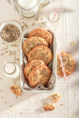 Homemade sunflower seed cookies served with fresh milk..