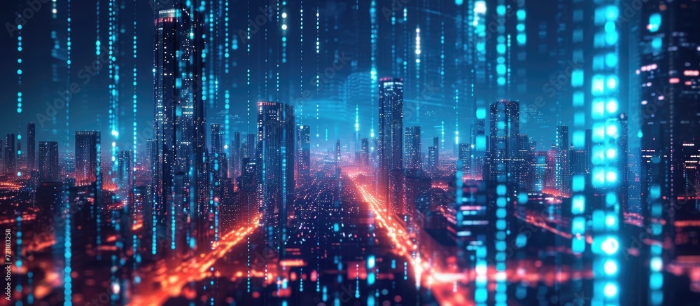 Poster smart night city with advanced infrastructure and big data displayed on a 3d-rendered banner.