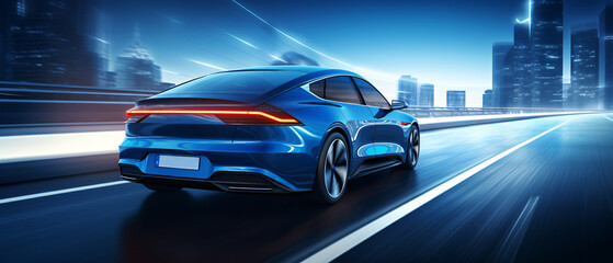 A luxury electric car travels at high speed on the motorway. Rear view of a fast moving car.