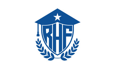 RHF three letter iconic academic logo design vector template. monogram, abstract, school, college, university, graduation cap symbol logo, shield, model, institute, educational, coaching canter, tech