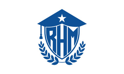 RHM three letter iconic academic logo design vector template. monogram, abstract, school, college, university, graduation cap symbol logo, shield, model, institute, educational, coaching canter, tech
