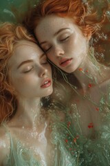 An artistic portrait of red-haired girls lying in light clothes in the water