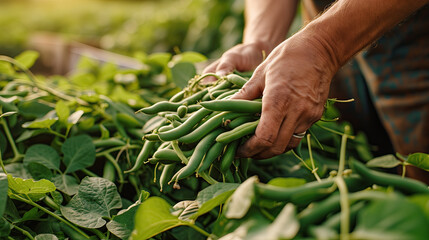 hands holding freshly harvested green beans 