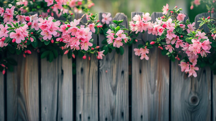 Fototapeta na wymiar Pink flowers blooming on wooden fence