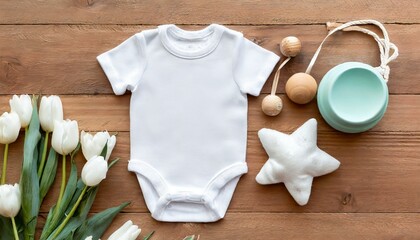 Fototapeta na wymiar White Onesie, Romper or Bodysuit for Babies - Baby Celebration Announcement or Product Placement - Mockup for Naming