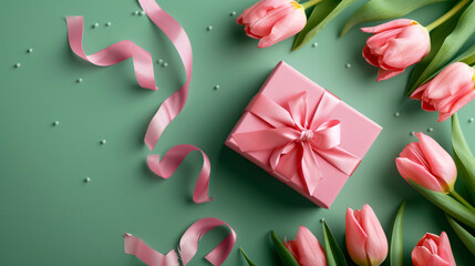 Pink gift box and beautiful tulips