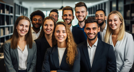 Obraz premium A positive atmosphere fills the office as businesspeople and their team strike a group pose, their body language reflecting a collective energy. Generative AI.