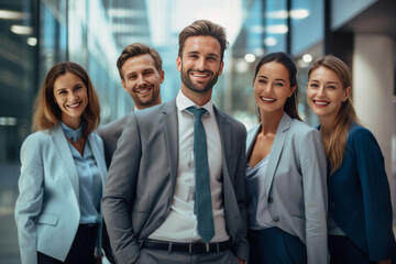 The office buzzes with positivity as businesspeople and their team come together for a group pose, showcasing a unified energy through their expressive body language. Generative AI.