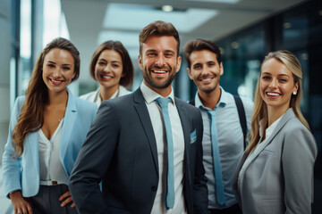 The office buzzes with positivity as businesspeople and their team come together for a group pose, showcasing a unified energy through their expressive body language. Generative AI.