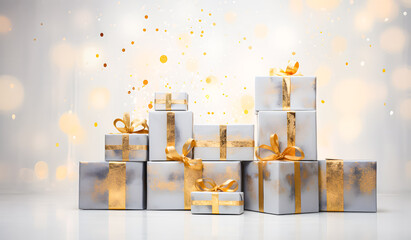 Gift boxes with golden ribbons and confetti on bokeh background. Holiday greeting card. christmas and new year gifts