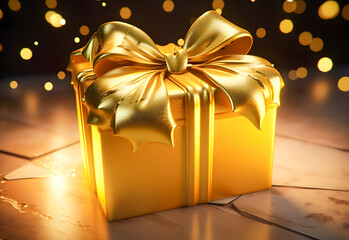 Golden box against golden lights and bokeh background. Holiday greeting card. christmas and new year gifts