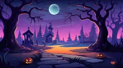 cartoon illustration spooky, moonlit graveyard scene with carved pumpkins, tombstones, and eerie trees.
