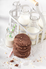 Tasty and homemade chocolate cookies served with milk in bottle.
