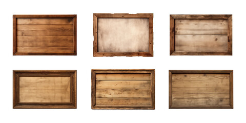 Collection of rectangular wooden signboard, plate, plank, frame isolated on a transparent background