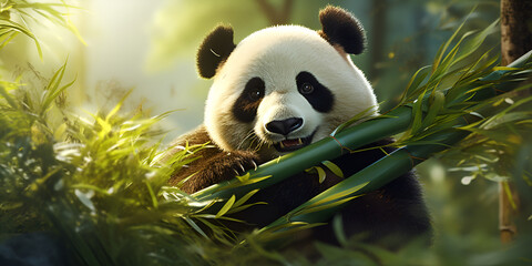 Funny lazy panda bear with cubs eats leaves, 
