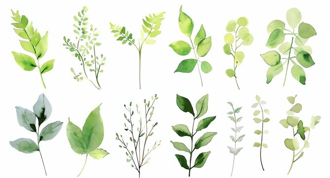 a bunch of green leaves on a white background