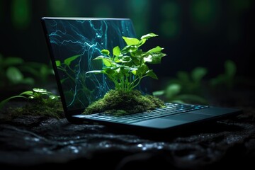 Sustainable laptop keyboard with growing plant. - obrazy, fototapety, plakaty
