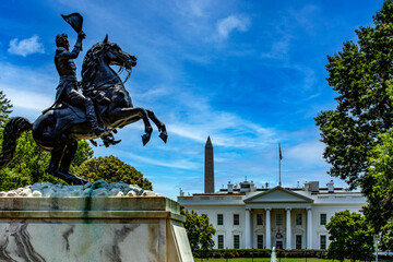 Statue of Andrew Jackson on horseback in Lafayette Square in front of the White House and the...