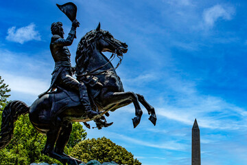 Statue of Andrew Jackson on horseback in Lafayette Square in front of the White House and the...