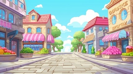 cartoon illustration city street with various shops and a clear blue sky