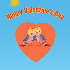 Two beautiful little birds hugging into a heart shape. Happy Valentine's Day text. Vector illustration.