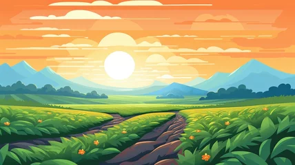 Poster cartoon illustration Paddy plantation, cascades farm in mount rocks with sun go down in beautiful orange cloudy sky © chesleatsz