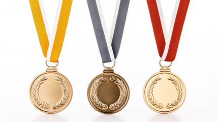 A stunning set of gold, silver, and bronze award medals on a crisp white background. Elevate your projects with these symbols of achievement and success.