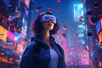 Digital avatars exploring a neon lit metaverse