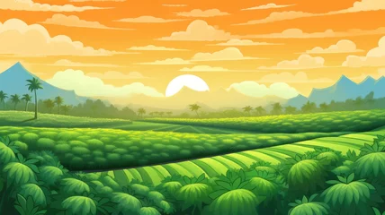 Gardinen cartoon illustration Paddy plantation, cascades farm in mount rocks with sun go down in beautiful orange cloudy sky © chesleatsz