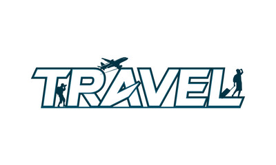 Travel and tour unique logo concept, airplane icon with people and suitcase vector template design.