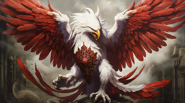 3D illustration of a garuda pancasila with red wings on a background of clouds, Indonesia Garuda, White red eagles.