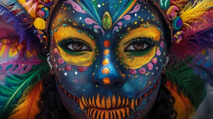 a person with a colorful face paint and feathers