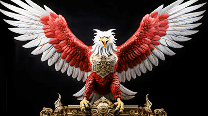 3D illustration of a garuda pancasila with red wings on a background of clouds, Indonesia Garuda, White red eagles. - obrazy, fototapety, plakaty