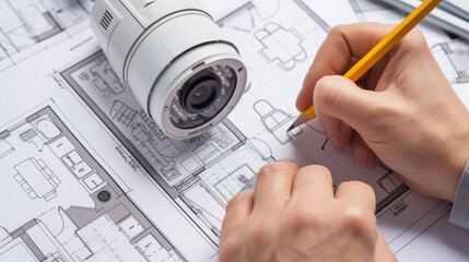 Precision in Security, Expert Hand Adjusting Modern Surveillance Camera Over Blueprint Background - obrazy, fototapety, plakaty