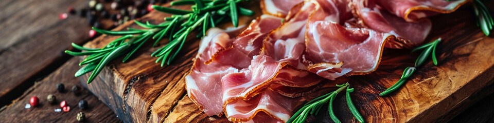 Slices of delicious cured ham and rosemary on a wooden board.