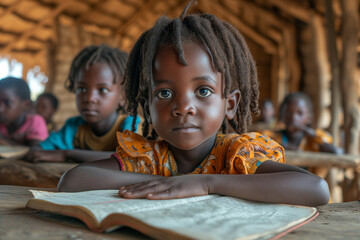 Black african girl at elementary school, classroom with children in Africa, education concept, learning new skill, book on the desk
