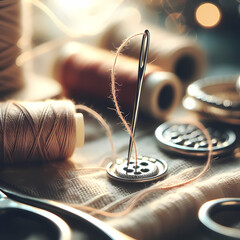  a charming and detailed image featuring a needle and thread, capturing the essence of craftsmanship and sewing, Generative Ai - obrazy, fototapety, plakaty