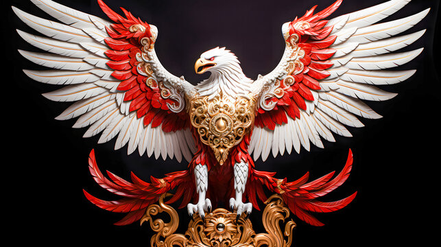 3D illustration of a garuda pancasila with red wings on a background of clouds, Indonesia Garuda, White red eagles.