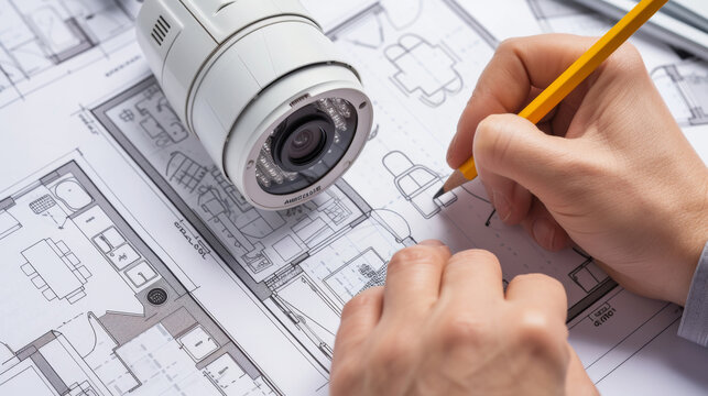 Precision in Security, Expert Hand Adjusting Modern Surveillance Camera Over Blueprint Background