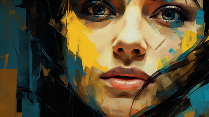 girl's face impressed by emotions, paint