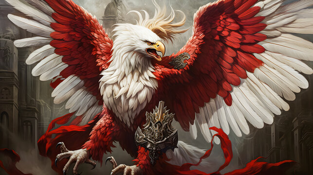 3D illustration of a garuda pancasila with red wings on a background of clouds, Indonesia Garuda, White red eagles.